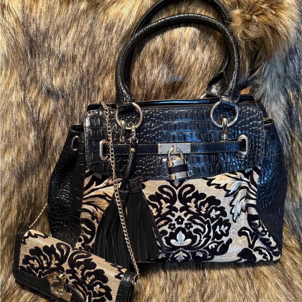 Sharif Black and Gold Tapestry Satchel Set
